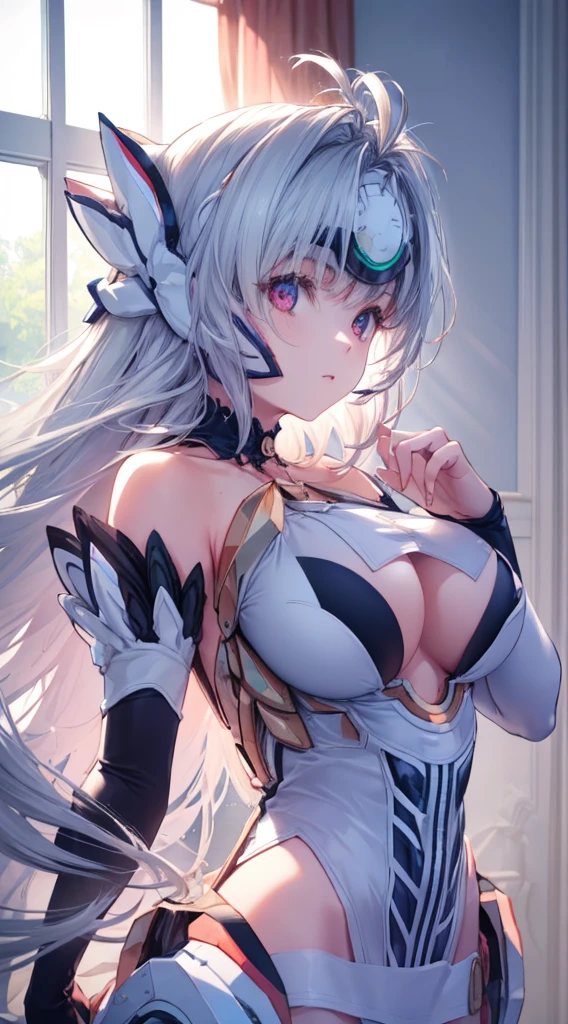 (((Masterpiece))), (portrait), diffused light, dynamic shadows, sharp focus, realistic, detailed, highres, absurdres, anatomically correct, seductive face, white background, torn clothes, looking to the side, black choker, belly button, medium breast