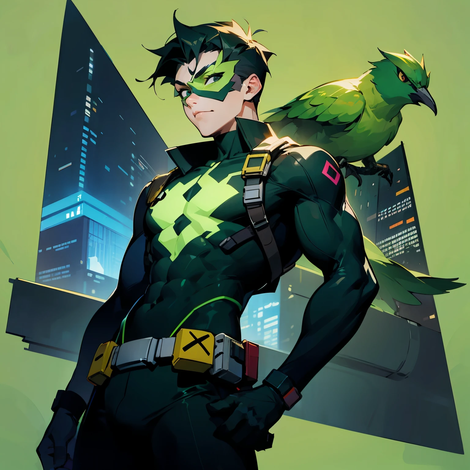 1male , Adult Male , Black Hair ,Modern Undercut Hair , Curly Hair , Calm Expression , Green Eyes , Neon Green Domino Mask , Black Bodysuit , Green Bird Symbol on chest , Yellow Utility Belt , Modern City Background , Muscular