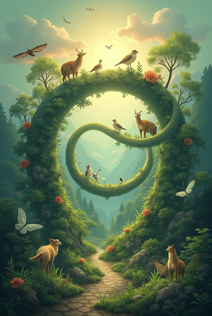 world peace　Never ending　connection　Möbius strip　A picture of animals and plants emerging from the earth