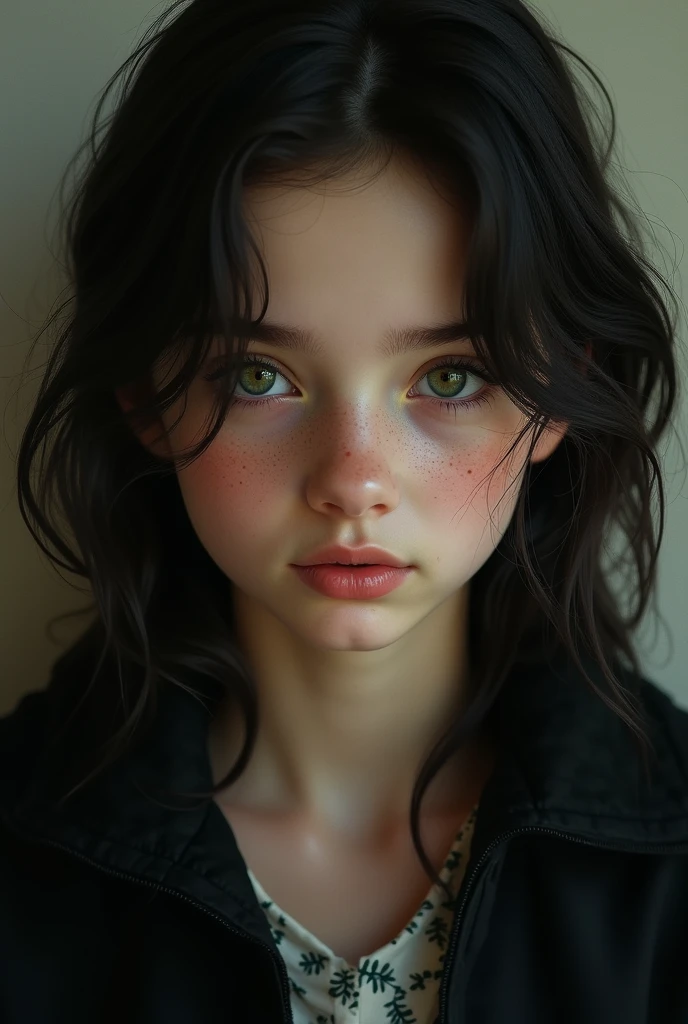 Best quality, masterpiece, ultra high resolution, (photorealistic: 1.5), raw photo of young  white teenager with green eyes thin nose dark hair