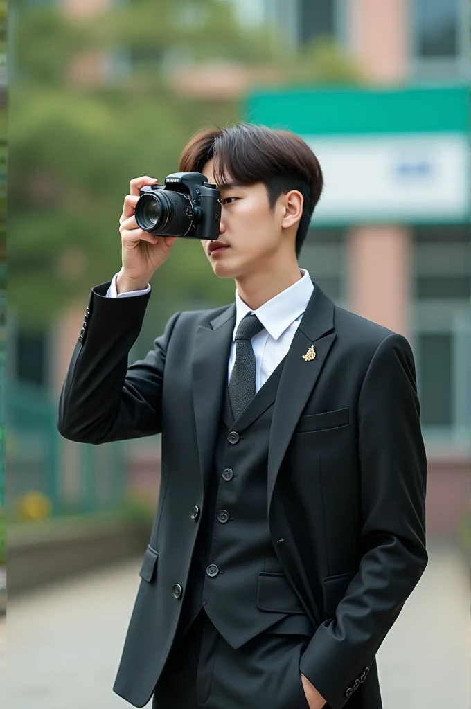 An 18 year old Vietnamese man wearing a suit, Korean hairstyle and taking a photo of his school memories