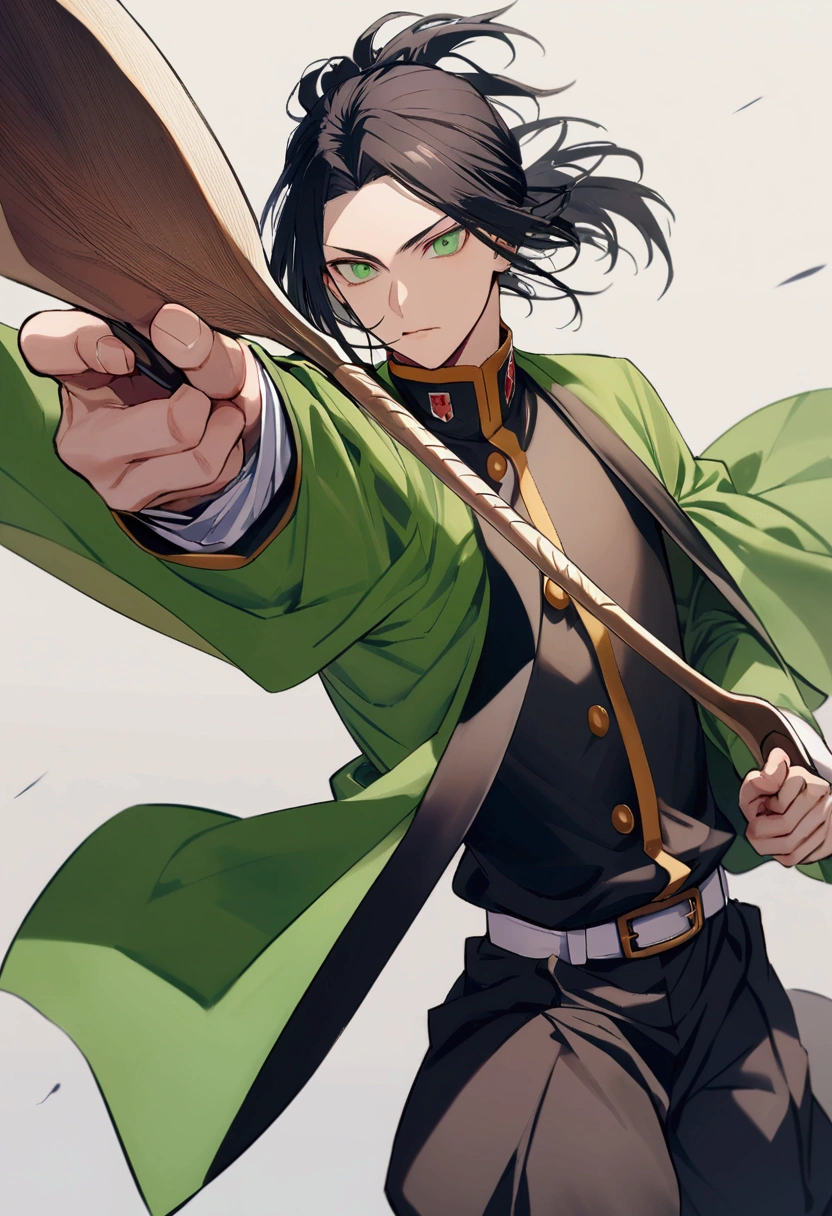 Boy belonging to the black-haired Demon Slayer hashiras,light green eyes,with a green haori in Tokito Muichiro&#39;s uniform