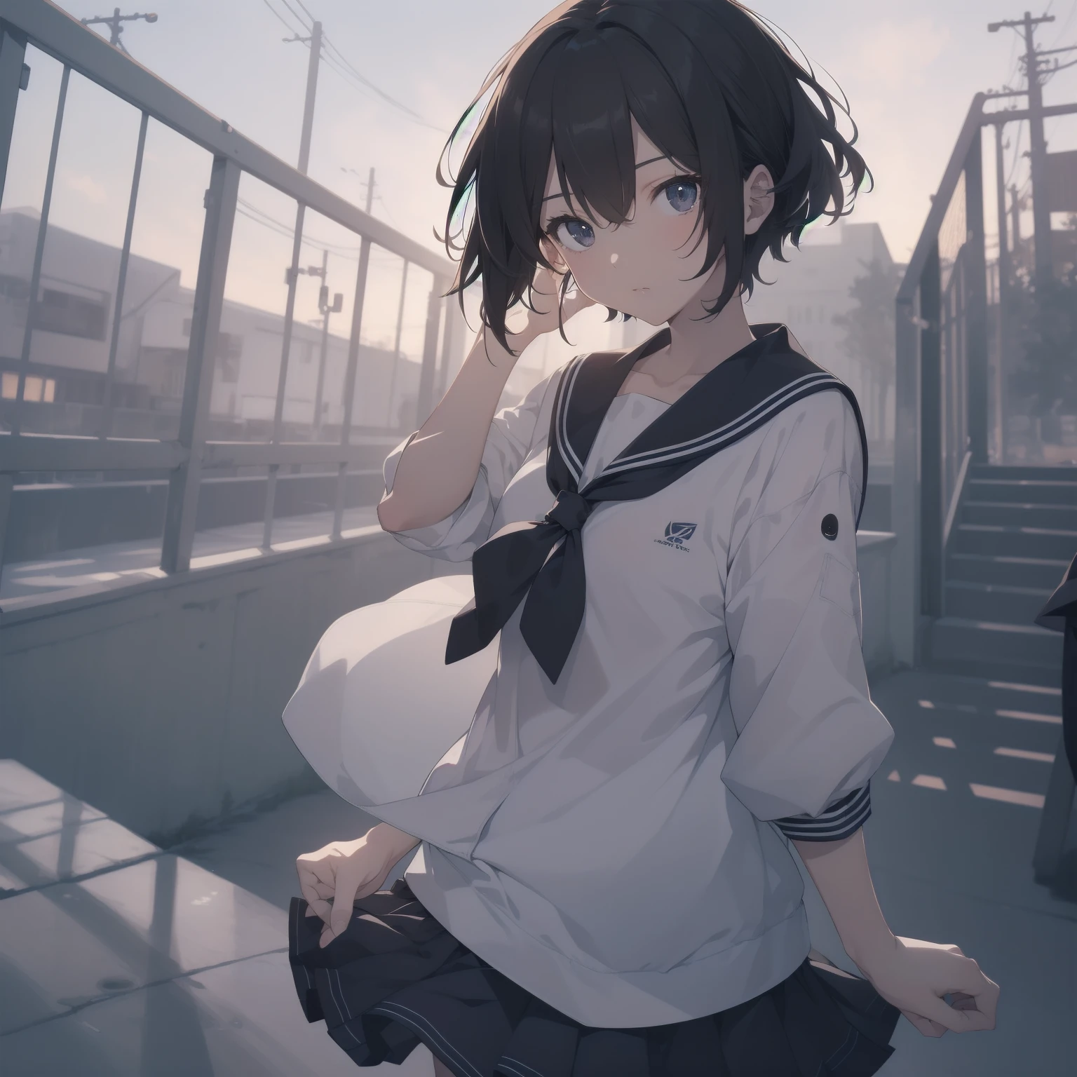 ultra-absurdres-Top quality by artist God, ultra-detailed, high resolution, anime moe artstyle, best anime 8k konachan wallpaper, pixiv contest winner, pool:2810, perfect anatomy,break, 1girl, (Please draw a girl walking sleepily to school alone. )break,(Solo,little female, 13-year-old:1.3),Full limbs, complete fingers,a junior high school student, (very short hair), short cut, flat chest, , small butt, small black eyes, beautiful detailed eyes, well-proportioned iris and pupils, expressive eyes, highres detailed hair, soft expression, salor school_uniform, sailor collar, serahuku, bow, pleated skirt,(Detailed Lighting), (Detailed background), in the School commute route. break,super detailed skin, Best cinematic lighting powered by famous artist, 8k,beauty illustration,photoshop_(medium),very aesthetic,break,((artist:yuureidoushi_(yuurei6214) )), artist:clamp ,artist:carnelian ,artist:kantoku ,