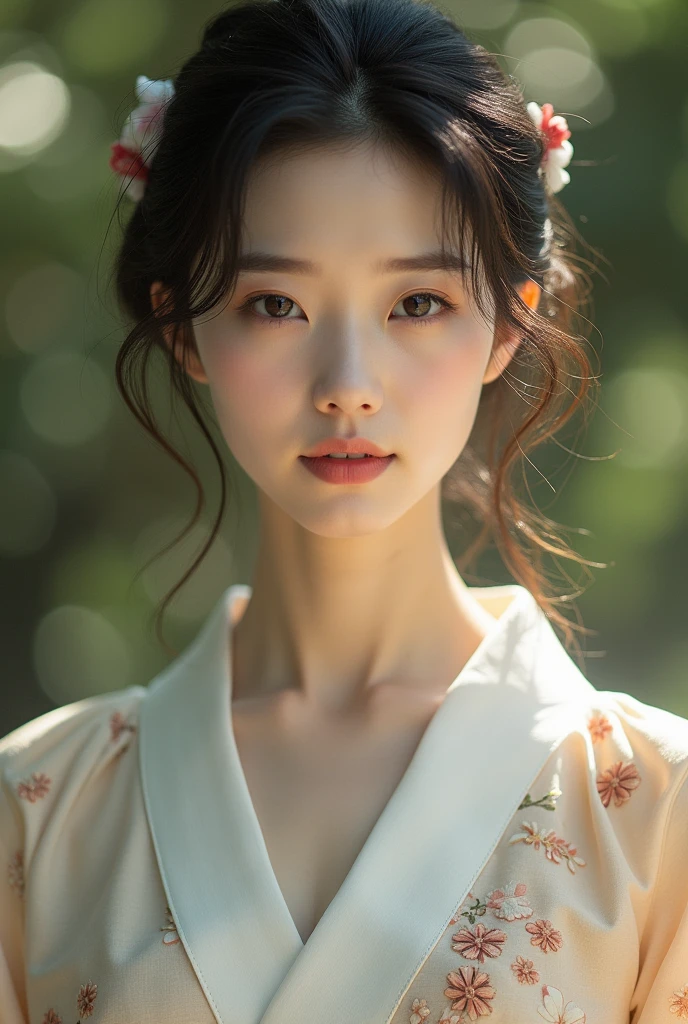 An elegantly dressed Japanese woman in natural light、A close-up of her chest and calm expression.、It shows her inner peace and outer charm.。