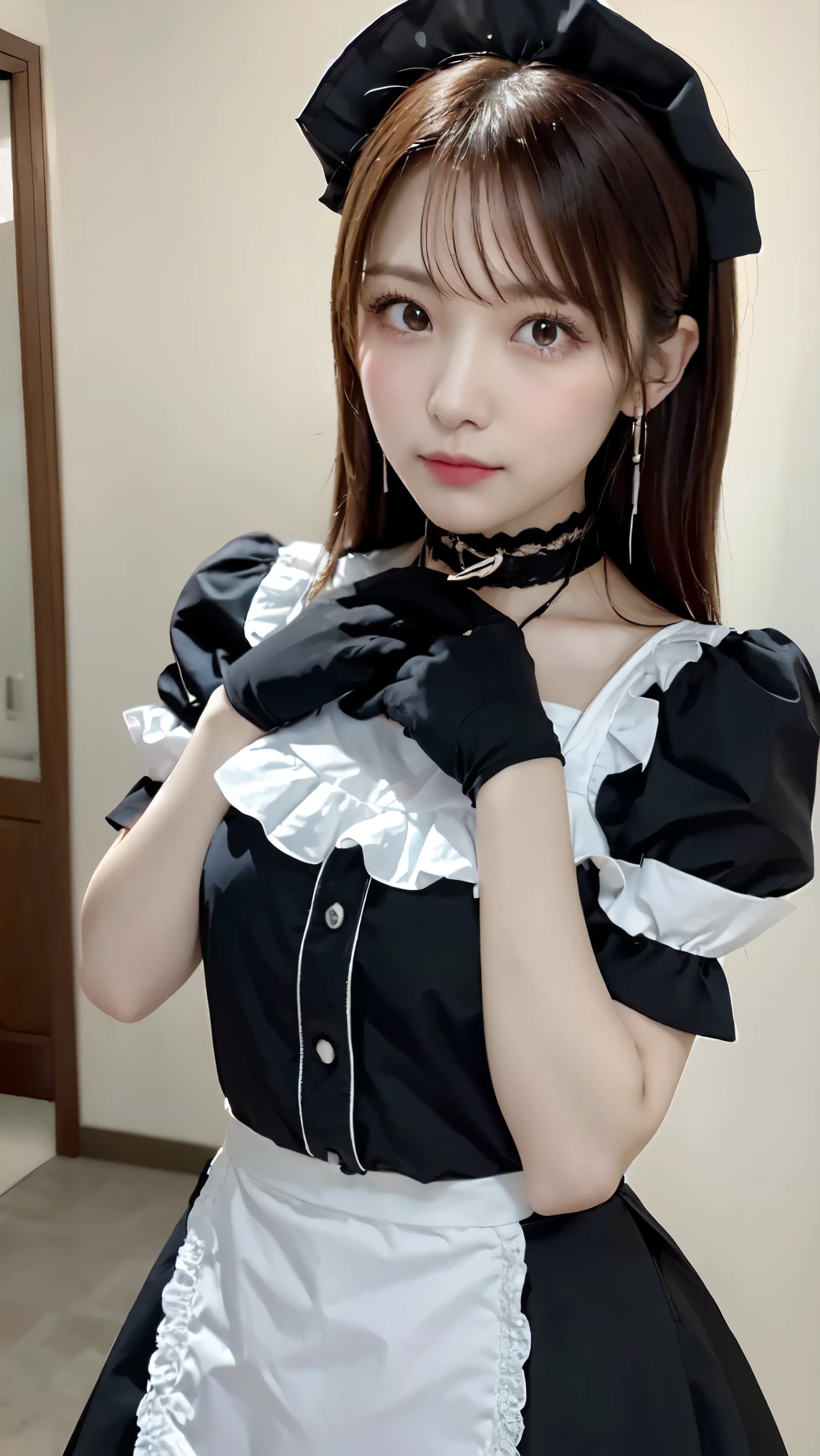 Wear the cutest gothic maid outfit in the world,The cutest maid choker in the world、The cutest gloves in the world、The most beautiful skin in the world、The most beautiful earrings in the world、The cutest sleeping face in the world、The cutest gravure idol pose in the world、Perfect Proportions、cute、((18-year-old female:1.******ung and adorable Japanese face，Official Art，Highly detailed CG Unity 8K wallpapers，（masterpiece:1.0),(Highest quality:1.0), 超High resolution,4K,Very detailed, photo shoot, 8k, Hmph, High resolution, Kodak Portrait 400, Film Grain, Lens Flare Glow,高いest quality,8k,Hmph:1.2),Portrait Shot,8k、Show Viewer