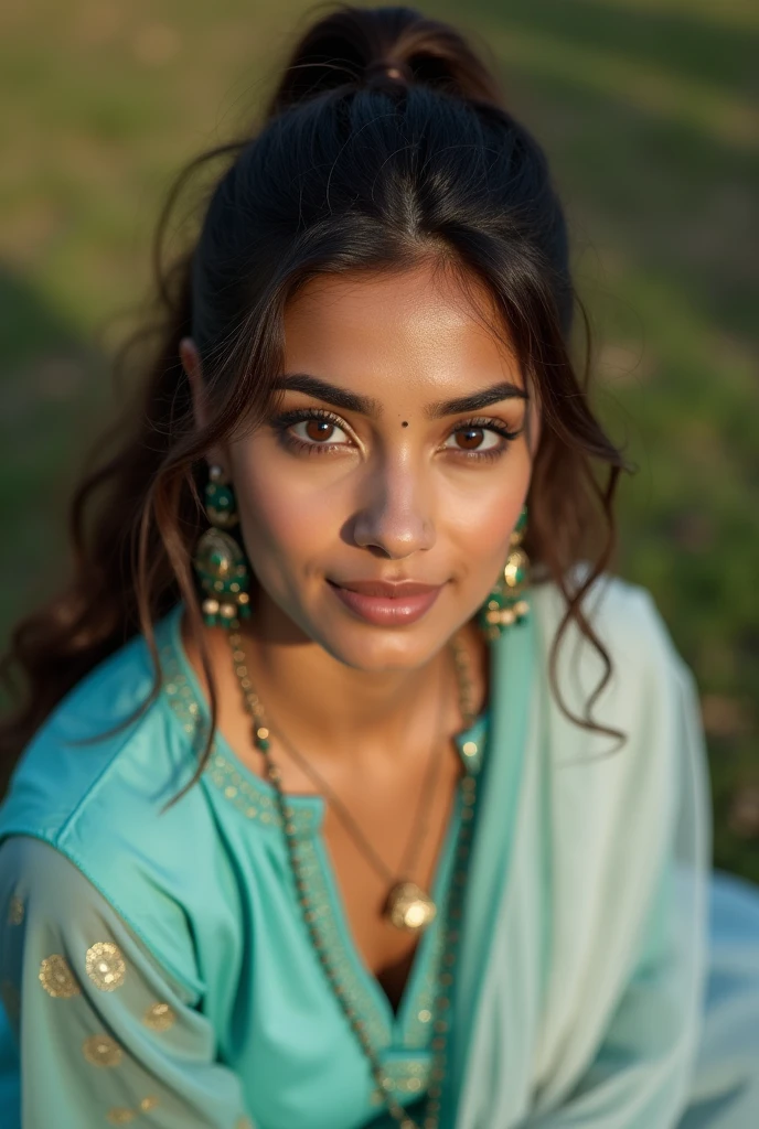 ((best quality)), ((masterpiece)), (detailed), Beautiful 24 years old indian girl in cyan light color churidar with white dupatta. Close up photo to viewer, cinematic:1.3, realism, beautiful lip, beautiful-cute brown eyes, beautiful thin wavy medium french styling brown hair, attractive neck, fair Chocolaty skin, beautiful strong cheekbones, medium height, skinny thin body shape, kind face, confident pose in the outside of park sitting on chair at afternoon sunrise, smiling: 0.8, ponytail:0.5, deep shadow. 
