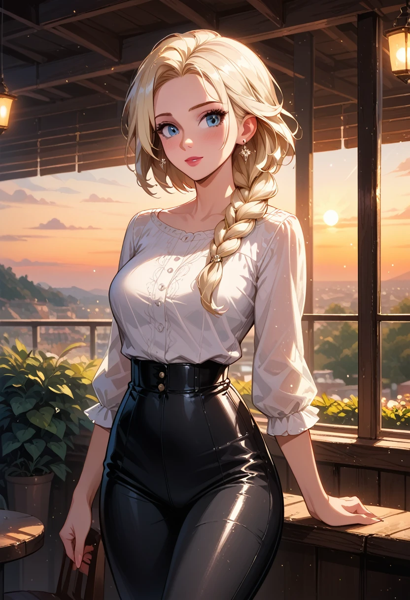 score_9, score_8_up, score_7_up, score_6_up, cinematic film still, 1girl, mature elsa (blonde hair, braid:1.1), tight_black_leather_pants, white_blouse, in a beautiful restaurant, on the balcony, (cinematic lighting:1.2),, (sunset:1.2), shallow depth of field, vignette, highly detailed, high budget, bokeh, cinemascope, moody, epic, gorgeous, film grain, grainy, (cowboy shot:1.3).