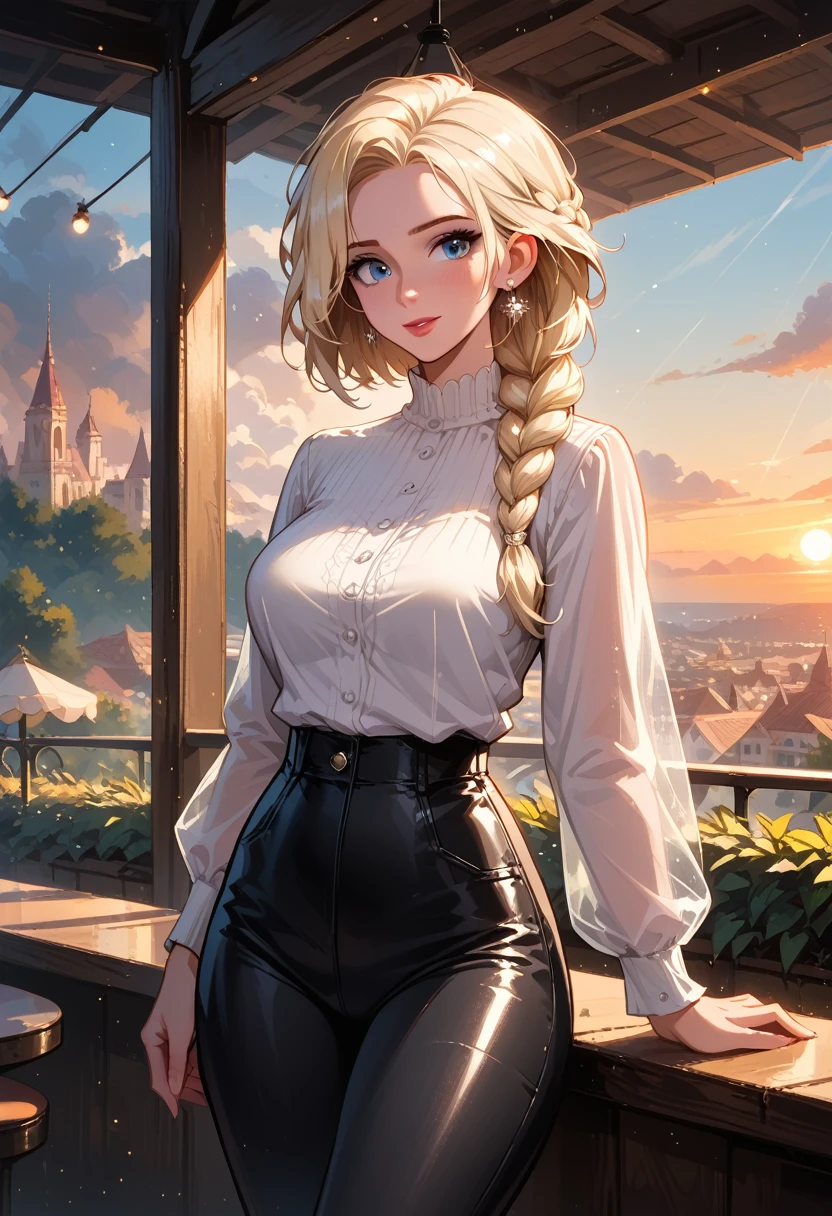 score_9, score_8_up, score_7_up, score_6_up, cinematic film still, 1girl, mature elsa (blonde hair, braid:1.1), tight_black_leather_pants, white_blouse, in a beautiful restaurant, on the balcony, (cinematic lighting:1.2),, (sunset:1.2), shallow depth of field, vignette, highly detailed, high budget, bokeh, cinemascope, moody, epic, gorgeous, film grain, grainy, (cowboy shot:1.3).