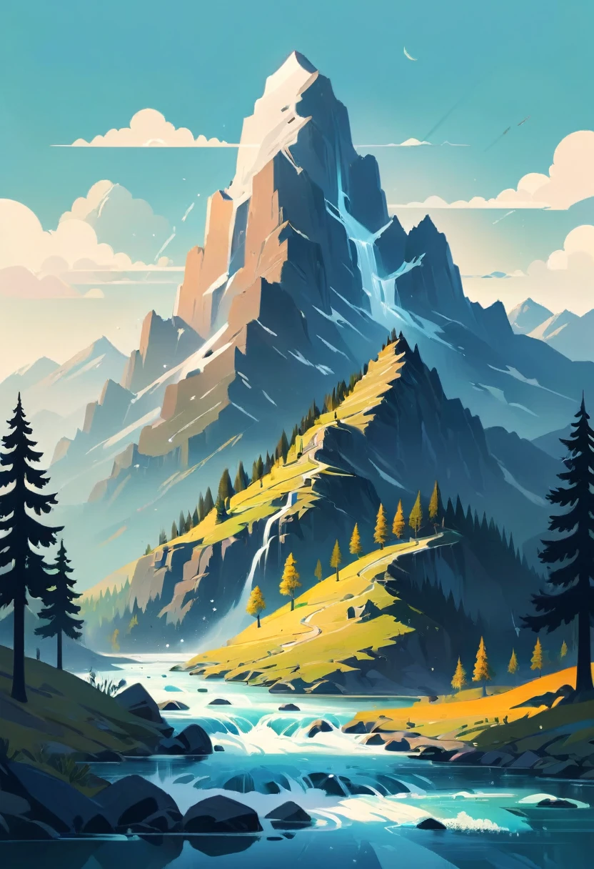 impressive painting of a mountain with trees and water, a detailed painting by Petros Afshar, shutterstock contest winner, environmental art, detailed painting, outlined art, 2d game art, isolated background for logo, strong contours, logo design