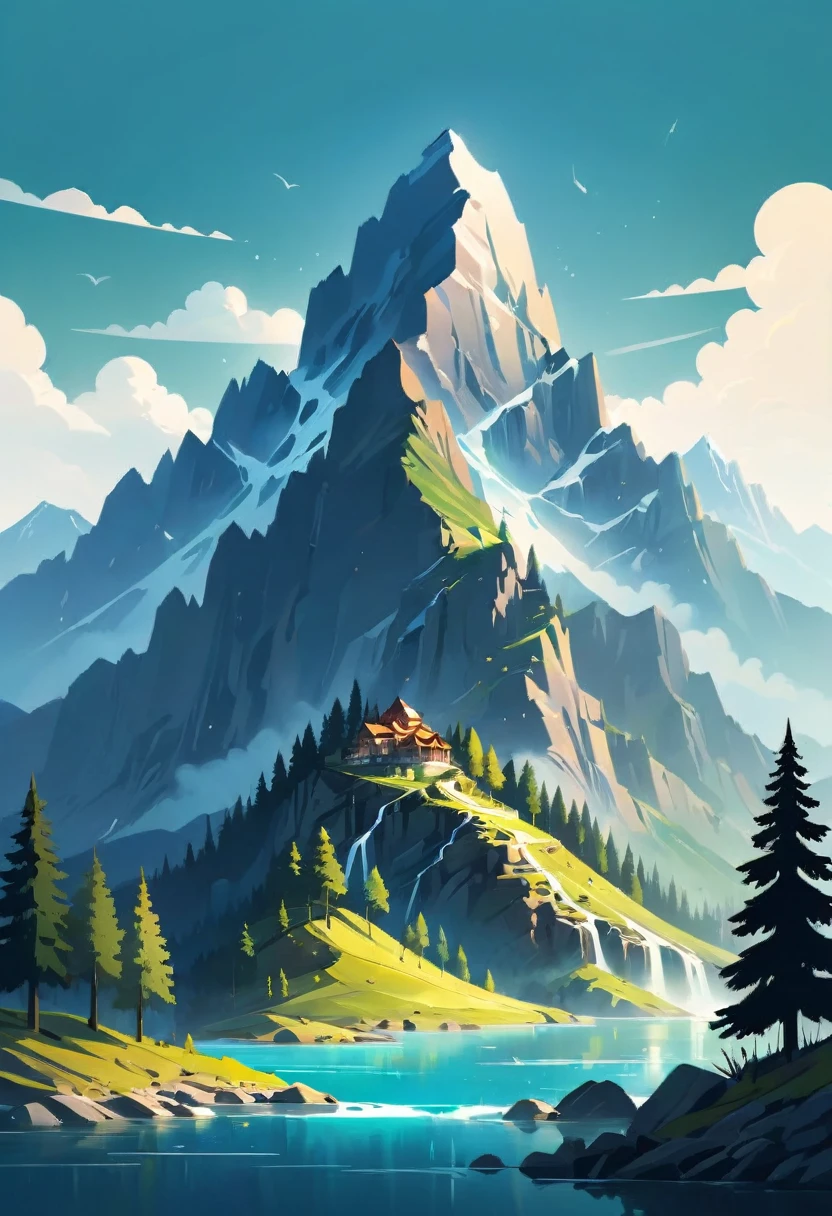 impressive painting of a mountain with trees and water, a detailed painting by Petros Afshar, shutterstock contest winner, environmental art, detailed painting, outlined art, 2d game art, isolated background for logo, strong contours, logo design