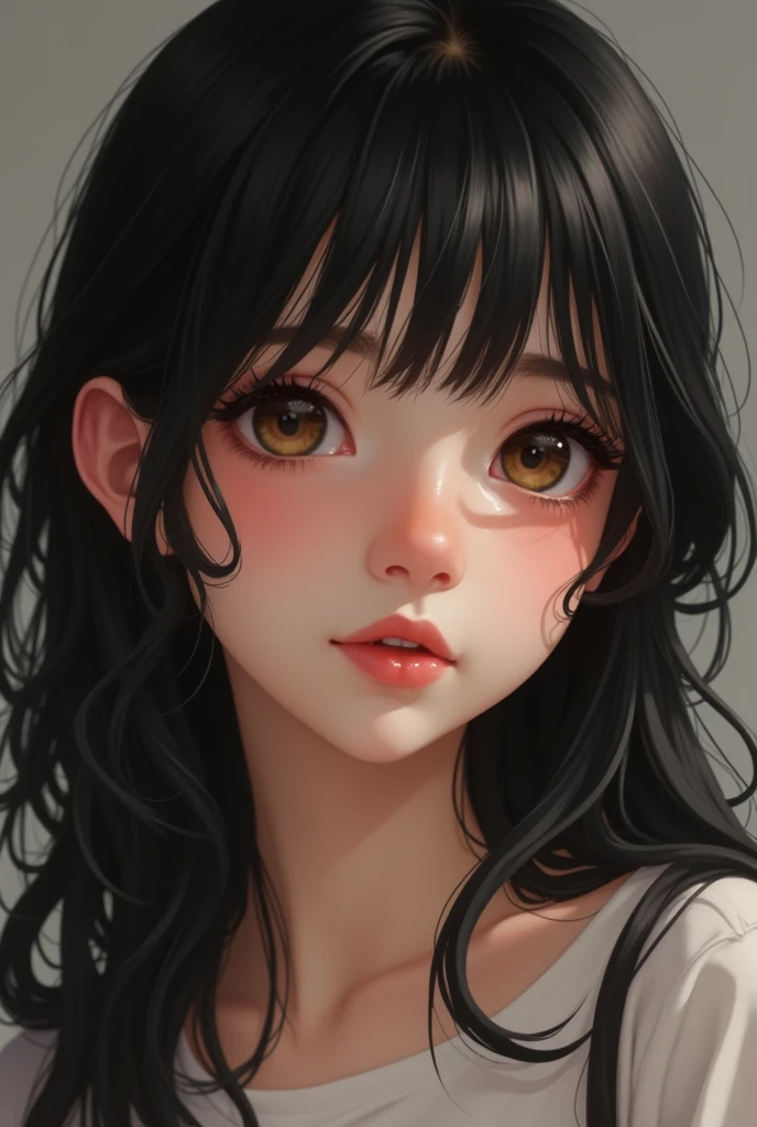 (photorealism:1.2), 15 year old girl, black wawy medium hair, doe brown eyes with long eyelashes, small, long face with a flat chin, straight button nose and full lips