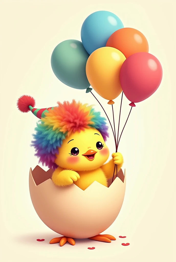 Cute chick cartoon inside its shell with clown wig and balloons that it holds together