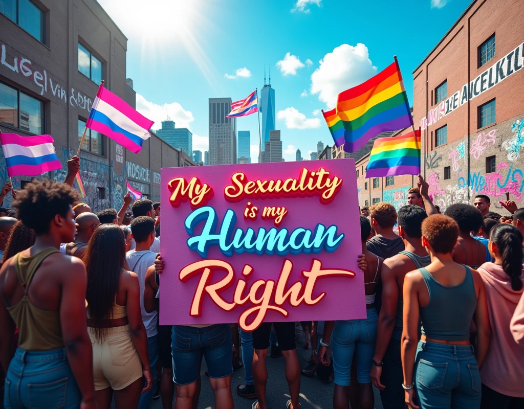 A powerful and striking image of a diverse group of men and women, both Black and white, standing together in solidarity. The vibrant, 3D cursive message on the protest banner reads "My Sexuality is my Human Right." Rainbow flags and transgender flags flutter in the background against a blue sky and city skyline, emphasizing the LGBTQ+ presence. The atmosphere is filled with pulsating energy, capturing the strength, love, and support that emanates from this inclusive and accepting gathering. The graffiti on the walls around them adds a layer of vibrant color and urban edge, further fueling the sense of unity and activism., vibrant, graffiti's, there is a sci-fi element to the image