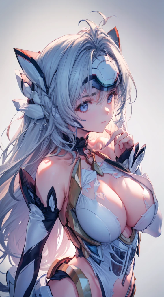 (((Masterpiece))), (portrait), diffused light, dynamic shadows, sharp focus, realistic, detailed, highres, absurdres, anatomically correct, seductive face, white background, torn clothes, looking to the side, black choker, belly button, medium breast