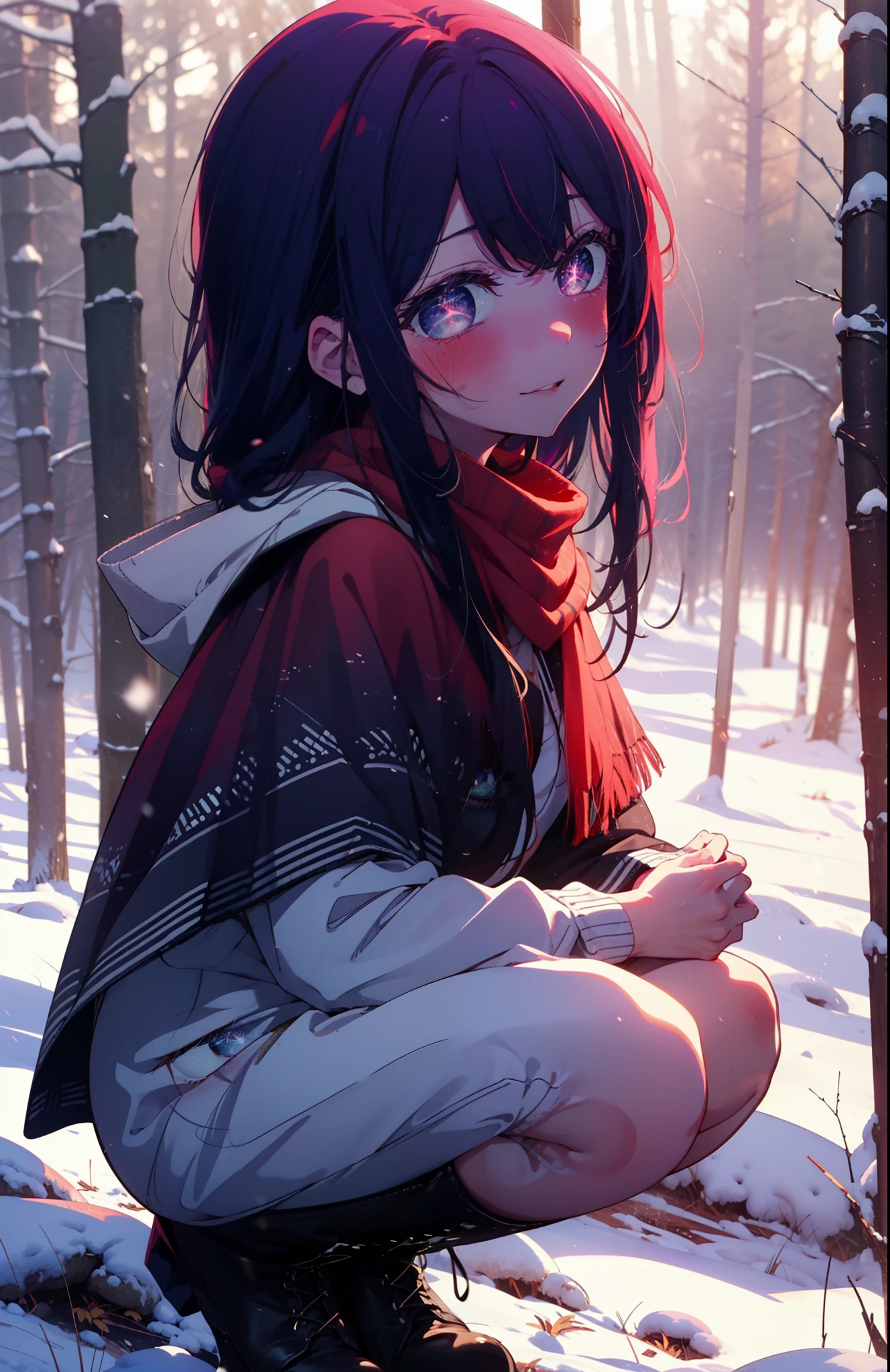 aihoshino, Ai Hoshino, Long Hair, bangs, (Purple eyes:1.1), Purple Hair, (Symbol-shaped pupil:1.5), smile,,smile,blush,white breath,
Open your mouth,snow,Ground bonfire, Outdoor, boots, snowing, From the side, wood, suitcase, Cape, Blurred, , forest, White handbag, nature,  Squat, Mouth closed, Cape, winter, Written boundary depth, Black shoes, red Cape break looking at viewer, Upper Body, whole body, break Outdoor, forest, nature, break (masterpiece:1.2), Highest quality, High resolution, unity 8k wallpaper, (shape:0.8), (Beautiful and beautiful eyes:1.6), Highly detailed face, Perfect lighting, Highly detailed CG, (Perfect hands, Perfect Anatomy),