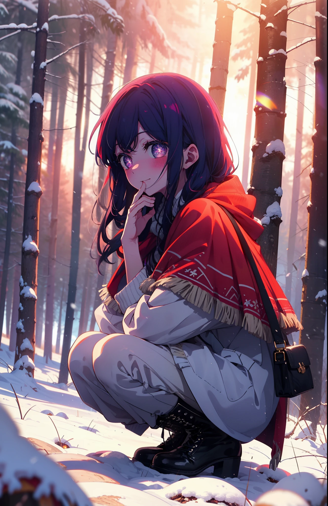 aihoshino, Ai Hoshino, Long Hair, bangs, (Purple eyes:1.1), Purple Hair, (Symbol-shaped pupil:1.5), smile,,smile,blush,white breath,
Open your mouth,snow,Ground bonfire, Outdoor, boots, snowing, From the side, wood, suitcase, Cape, Blurred, , forest, White handbag, nature, Squat, Mouth closed, Cape, winter, Written boundary depth, Black shoes, red Cape break looking at viewer, Upper Body, whole body, break Outdoor, forest, nature, break (masterpiece:1.2), Highest quality, High resolution, unity 8k wallpaper, (shape:0.8), (Beautiful and beautiful eyes:1.6), Highly detailed face, Perfect lighting, Highly detailed CG, (Perfect hands, Perfect Anatomy),