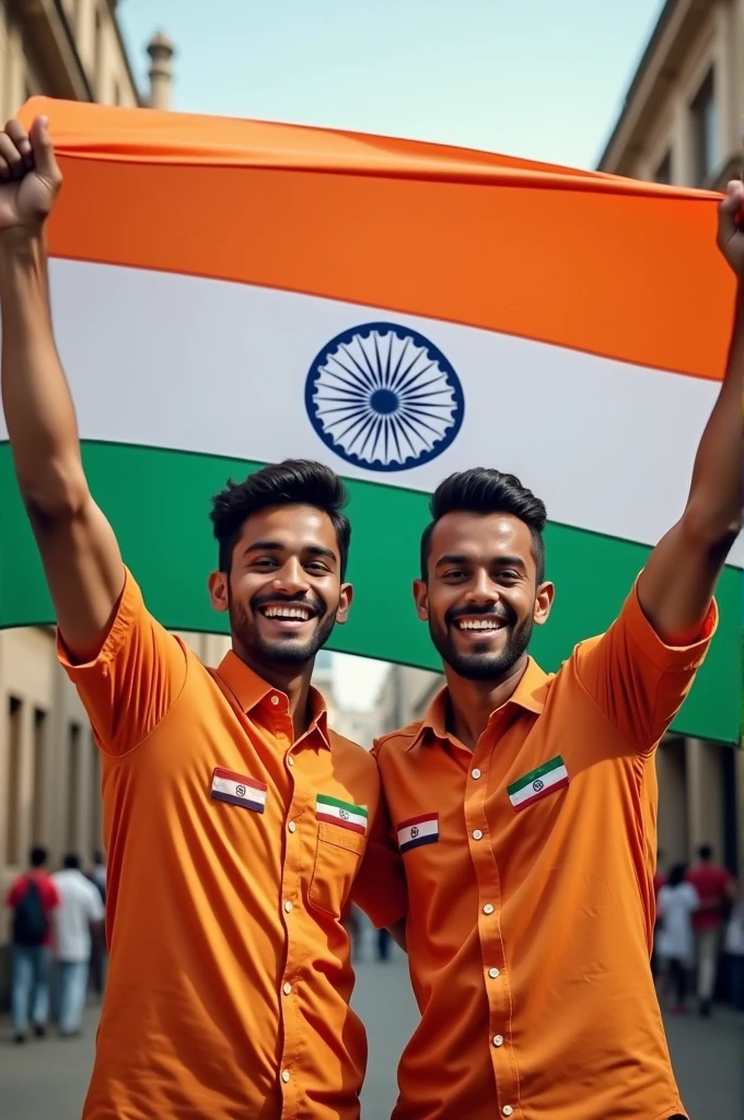 indian flag there hands
Two Ai 20-year-old boys friends enjoy celebrates Indian Independence day ! There indian traditional shart on side with the name "SARIF " "JARJIS " written on "15 august 2024 "!
her attire. Above her, in the sky, the words "Happy Independence Day" are displayed in a bold font. The back !