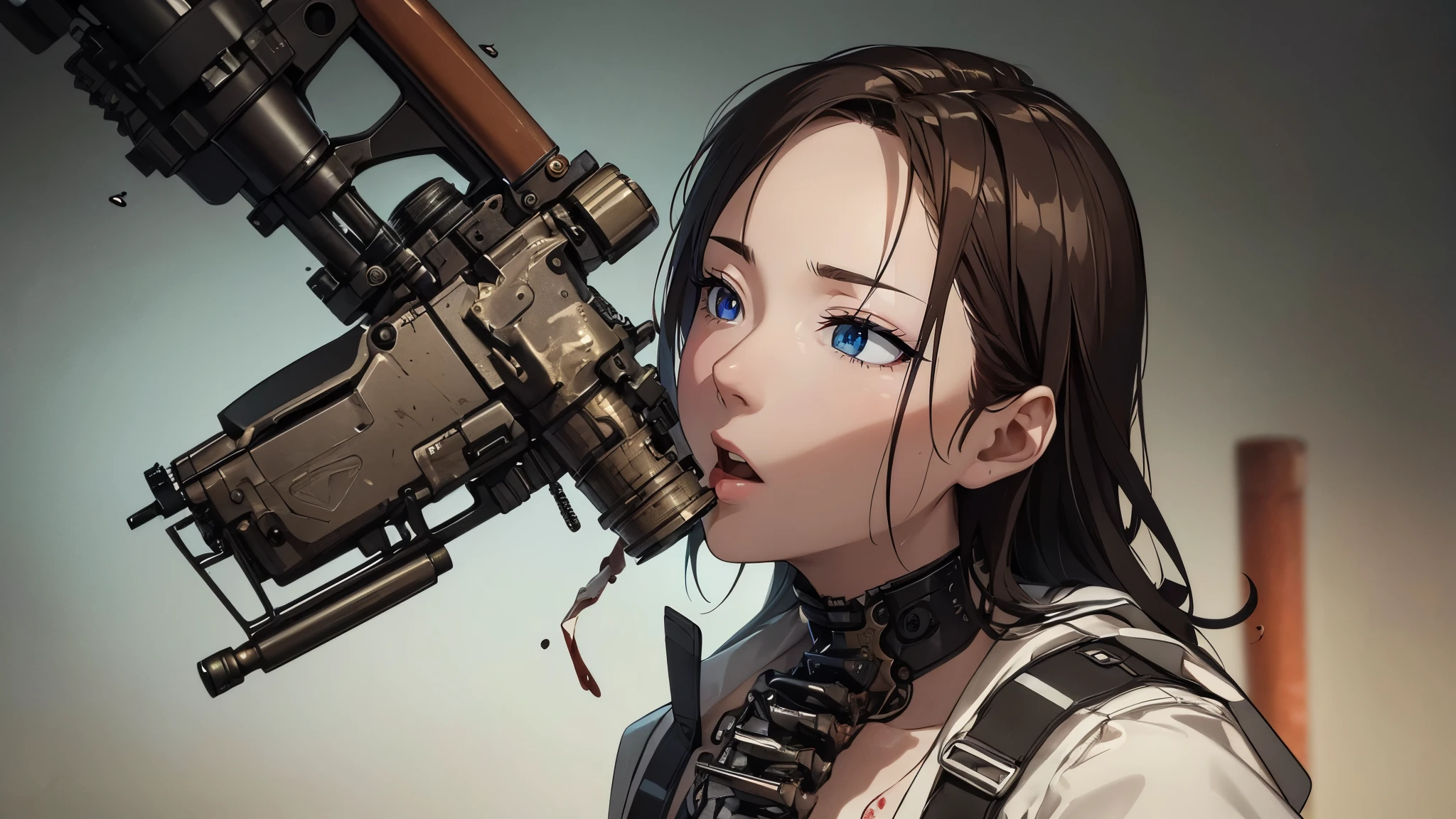 ((8K resolution))、((highest quality))、((masterpiece))、((Very detailed))((((dramatic))), (Anatomically correct)、The depth of the object to write、Looking at the camera、front、(woman、Mechanical bones格、Mechanical boneechanical Cervical Vertebra、Long and thin、lipstick、Spit sludge from the mouth、Bloody)、spooky、an  ominous、((theme、whole body:1.1)), SF、rifle、Maintenance oil、Design、background:Maintenance Dock
