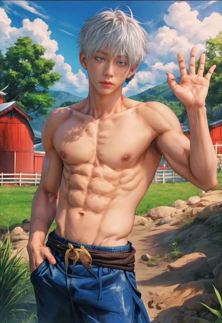 1 male, handsome japanese male model, high resolution 4k, adult, semi realistic, perfect face detail, detailed eyes and face, muscular, white eyebrow hair, white eyelashes, naked torso, detailed face, perfect face, real skin texture, detail Perfect hand, details, real and complete hand details, unreal engine, hd picture, satoru gojo, jujutsu kaisen, white hair, short hair ,hair between eyes ,blue eyes, white skin, background of farm place