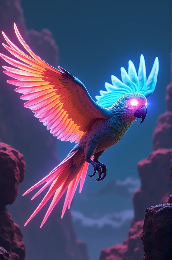A parrot with fluorescent lights in its eyes flying