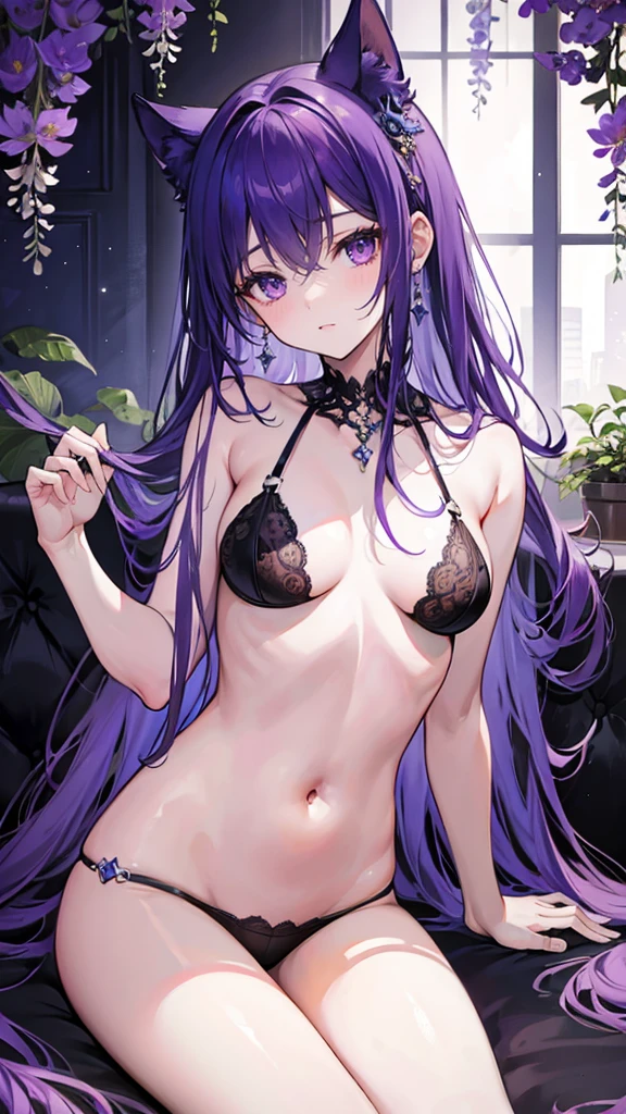((True best masterpiece, Ultimately perfect quality, Extremely delicate details)), ((Purple skin, Slim body, Whole body)), A skinny girl with small bust, With strong-purple skin, With purple hair, Wearing a black lingerie, With accessories, In the darkness, Blooming wisteria