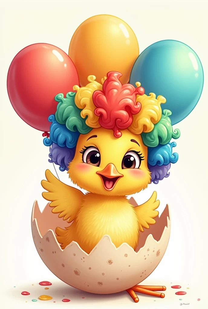 Cute chick cartoon inside its shell with clown wig and balloons that it holds together 