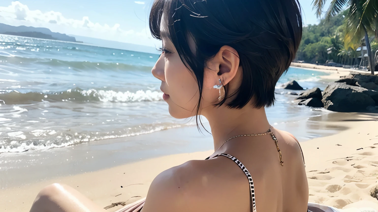 Back view of a woman sitting on the beach、Earrings、Short Bob Hair、Japanese、Black Hair