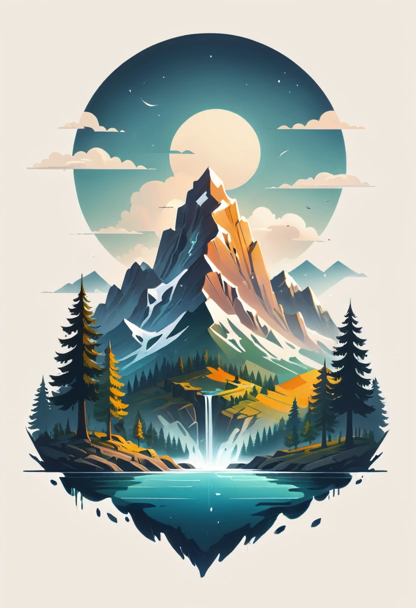 impressive painting of a mountain with trees and water, a detailed painting by Petros Afshar, shutterstock contest winner, environmental art, detailed painting, outlined art, 2d game art, isolated background for logo, strong contours, logo design