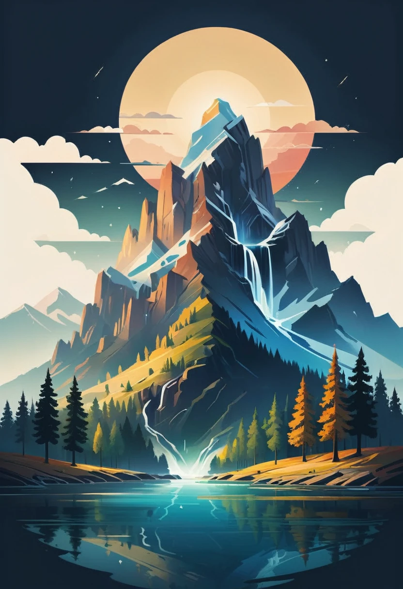 impressive painting of a mountain with trees and water, a detailed painting by Petros Afshar, shutterstock contest winner, environmental art, detailed painting, outlined art, 2d game art, isolated background for logo, strong contours, logo design