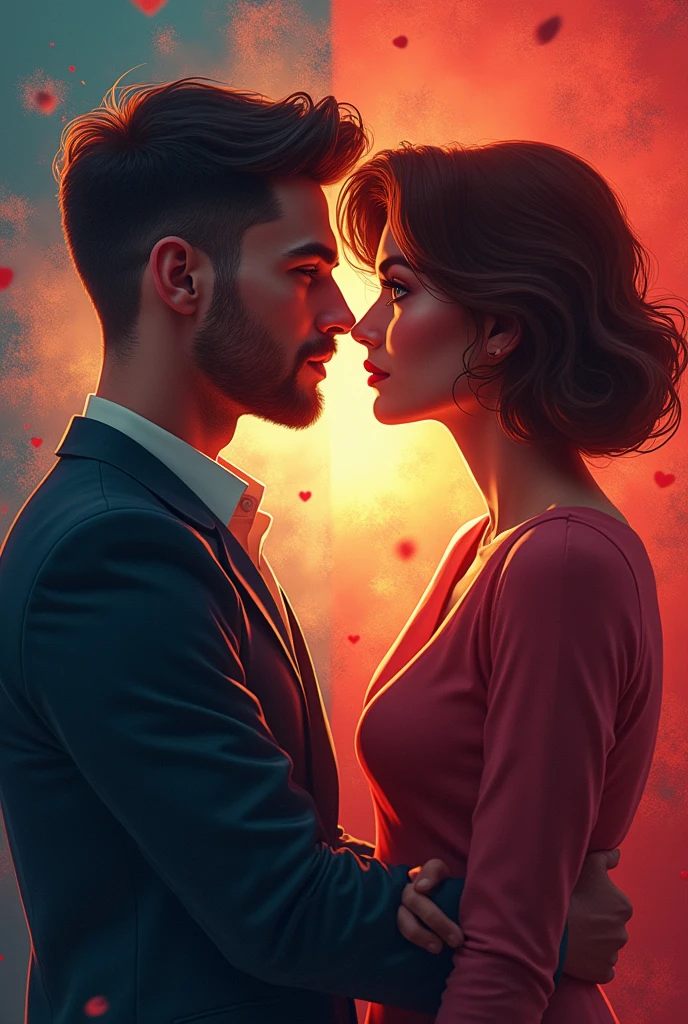 Create several different covers for a romance story book whose trope is enemies to lovers, In which a 21-year-old man and a 27-year-old woman with very different styles and personalities are competing for a promotion at the office and end up falling in love