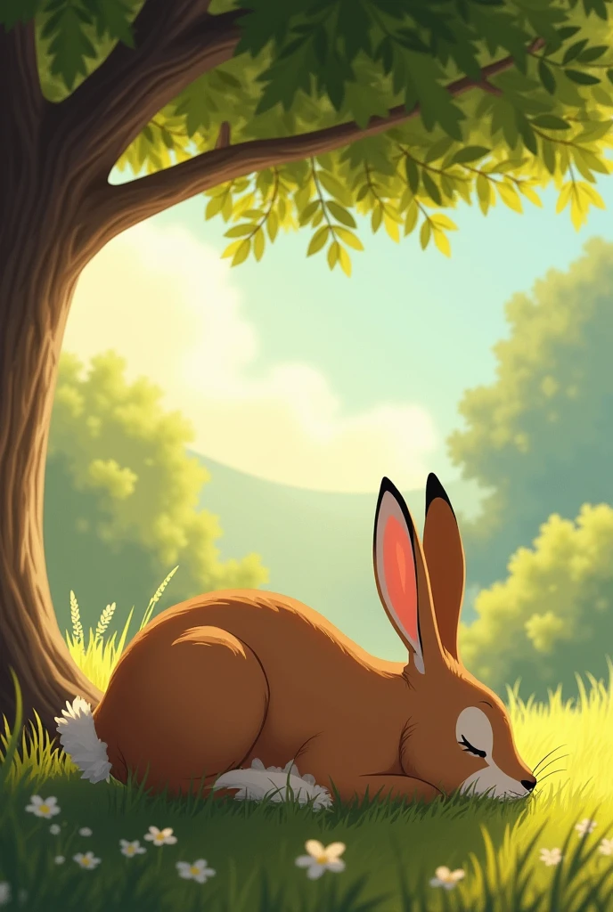THE HARE SLEEPING WITH CLOSING HIS EYES UNDER A TREE ANIMATED FOR CHILDREN
