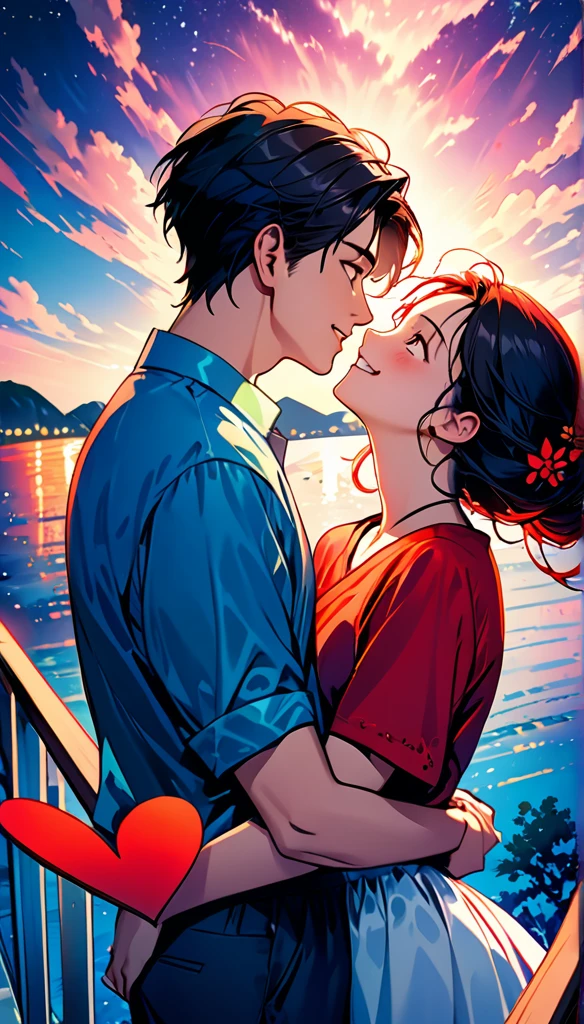 (Highest quality,Very detailed,Realistic:1.37),humor,Comic book style,Bold,Vibrant colors, Close to cool colors,Desaturate,Beautiful night view, A girl and a boy, Fun couple, Laughter, floating love,