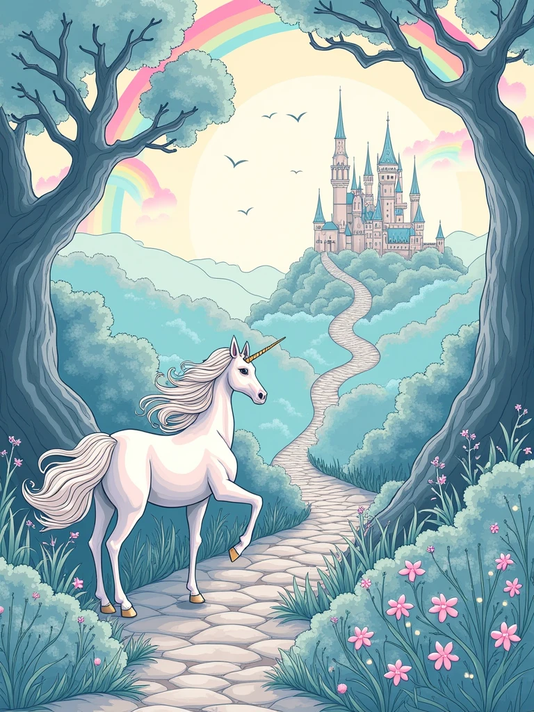 Magical line drawings of unicorns in enchanted landscapes, featuring rainbows, castles, and mystical forests. The style should evoke a sense of fantasy and wonder, perfect for a child's imagination.
