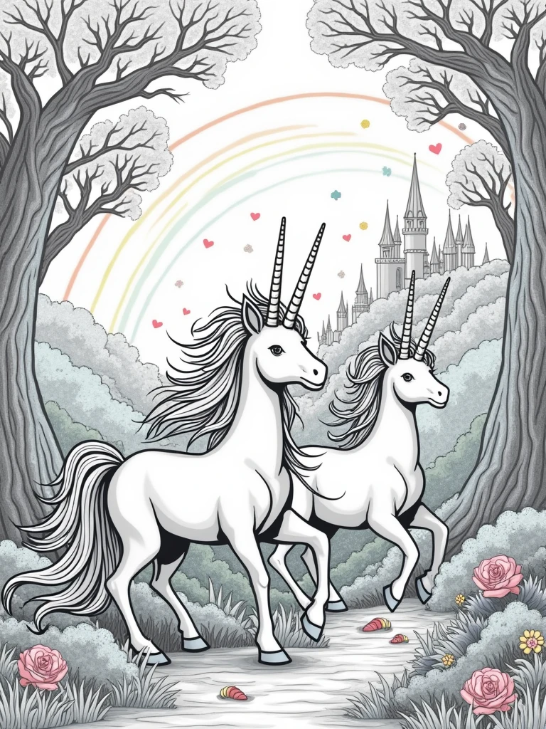 Magical line drawings of unicorns in enchanted landscapes, featuring rainbows, castles, and mystical forests. The style should evoke a sense of fantasy and wonder, perfect for a child's imagination.