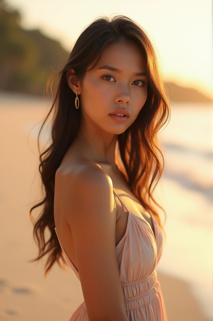 An exquisite portrayal of a full body 25 year old filipina woman, captured in a realistic photograph that reverberates with her unique grace. The photograph encapsulates the essence of an 25-year-old girl, radiating confidence as she is naked with beautifull brown skin. A striking twist to her appearance is her vibrant black hair, a testament to her individuality and artistic flair. The setting is a serene beach, where the golden sand meets the gentle waves, providing a backdrop that echoes her natural beauty. The image focuses solely on her, allowing her charm to take center stage. Presented in an immensely detailed CG unity 8k wallpaper format, this photograph delivers an unrivaled visual experience that meticulously captures every facet of her existence. A photograph like this is not just an image; it's a testament to the fusion of art and life. Crafted by the gifted Steve McCurry, a maestro of his craft, this professional and majestic portrait encapsulates the subject's essence in a manner synonymous with McCurry's name. Captured with an 8k UHD DSLR, the soft lighting elevates her features while a delicate film grain effect adds an air of timeless authenticity. The Fujifilm XT3 lens, set at f/5.6, ensures sharp focus and high detail, beautifully highlighting the contours and shades that define her unique beauty. The image carries a dramatic undertone, captured from a perspective that invites the viewer to connect with her on a deeper level. Her gaze, directed at the viewer, resonates with a weight of 1.2, forging an engaging and personal connection. The detailed pupils are magnified to 1.3, lending a mesmerizing depth to her expressive eyes. The use of natural light imparts a warm and genuine atmosphere, capturing the true essence of her radiance.