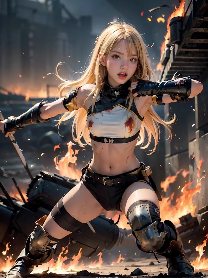 (masterpiece:1.5), (bestquality), (highlydetailed), (ultra-detailed), (1girl:1.2), (full body:1.2), (young girl), (blonde hair), (weapon in hand), (war battle scene), (bloody atmosphere), (smoke), (fire), (corpses), (chaotic background), (explosions), (torn clothing), (determined expression), (sweat and dirt), (injured), (dynamic pose), (broken armor), (burnt landscape), (fighting stance), (smoldering debris), (flames:1.3), (battle cries), (sounds of war:1.1)