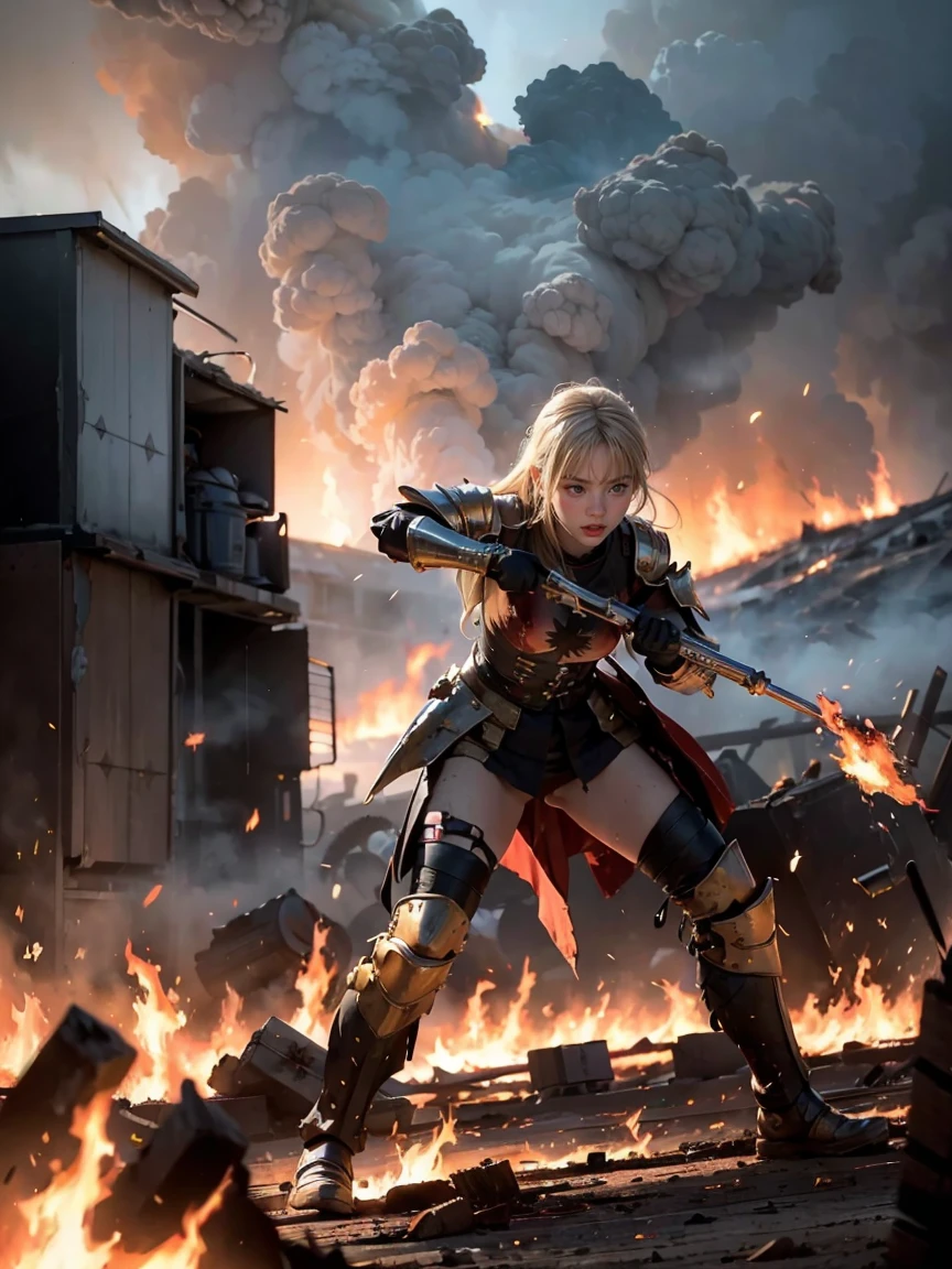 (masterpiece:1.5), (bestquality), (highlydetailed), (ultra-detailed), (1girl:1.2), (full body:1.2), (young girl), (blonde hair), (weapon in hand), (war battle scene), (bloody atmosphere), (smoke), (fire), (corpses), (chaotic background), (explosions), (torn clothing), (determined expression), (sweat and dirt), (injured), (dynamic pose), (broken armor), (burnt landscape), (fighting stance), (smoldering debris), (flames:1.3), (battle cries), (sounds of war:1.1)