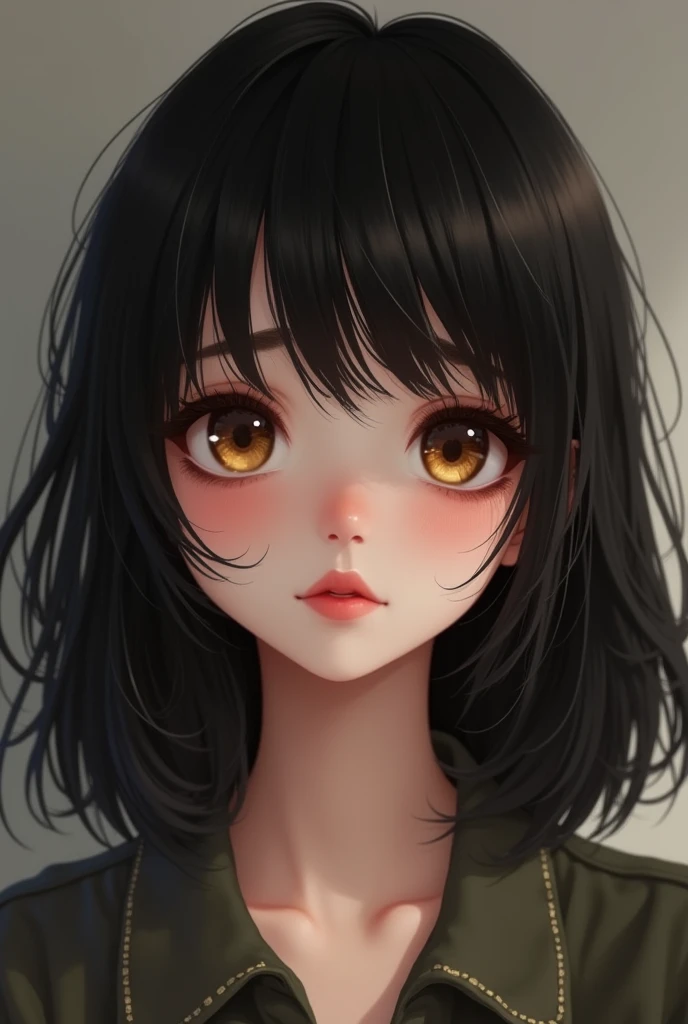(photorealism:1.2), 15 year old girl, black wawy medium hair, doe brown eyes with long eyelashes, small, long face with a flat chin, straight button nose and full lips with a slightly bigger upeer lip