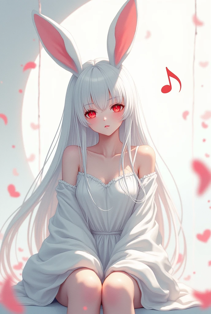 Beautiful illustrations, Highest quality, pretty girl, Fluffy bunny ears, Long white hair, , Beautiful red eyes,smile,White clothes,sound楽を聞く,sound,sound符,Cyberlogical,Lonely face