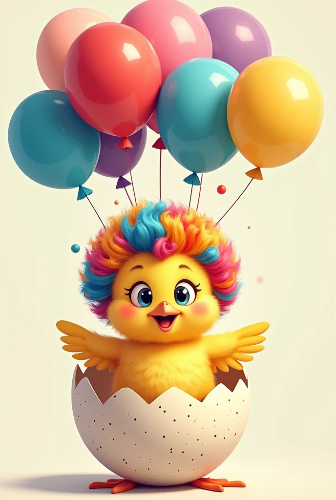 Cute chick cartoon inside its shell with clown wig and balloons that it holds together 