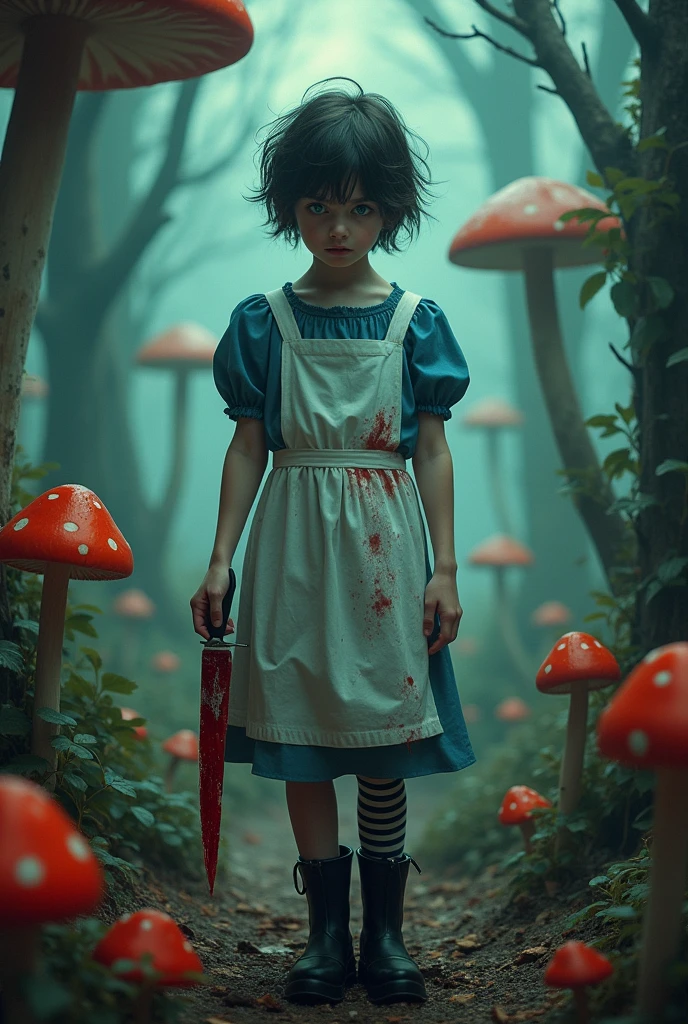 A movie poster, with a ager with black hair and green eyes, wearing a blue dress and a bloody white apron, black boots and striped socks, and holding a knife in his hand, in a forest with giant mushrooms and red flowers