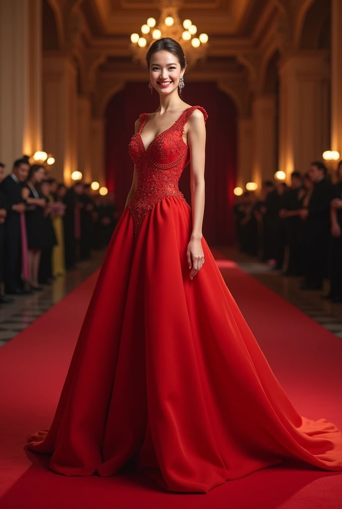 Realistic Beauty queen in red dress, smiling. 