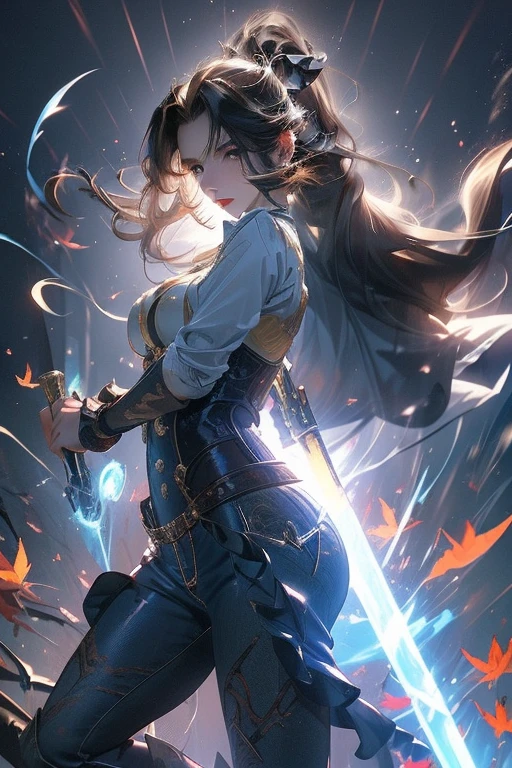 Modern anime-style digital painting of a 25-year-old female teacher in a frontal view and action pose during an autumn day, soaked by rain with dramatic lightning in the background. She is 165 cm tall, with measurements of 91-61-81 cm, and has waist-length, wavy blond hair with V bangs and bright blue eyes. Emitting a golden aura, she stands dynamically with one leg raised on a fallen log. She wears a ruffled white blouse, a black corset, skinny tight blue jeans, and high black boots, all drenched by the rain. The scene is set against rich autumn foliage and vivid lightning, enhancing the intense and mystical atmosphere.