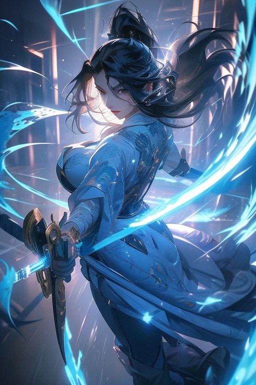 Modern anime-style digital painting of a 25-year-old female teacher in a frontal view and action pose during an autumn day, soaked by rain with dramatic lightning in the background. She is 165 cm tall, with measurements of 91-61-81 cm, and has waist-length, wavy blond hair with V bangs and bright blue eyes. Emitting a golden aura, she stands dynamically with one leg raised on a fallen log. She wears a ruffled white blouse, a black corset, skinny tight blue jeans, and high black boots, all drenched by the rain. The scene is set against rich autumn foliage and vivid lightning, enhancing the intense and mystical atmosphere.