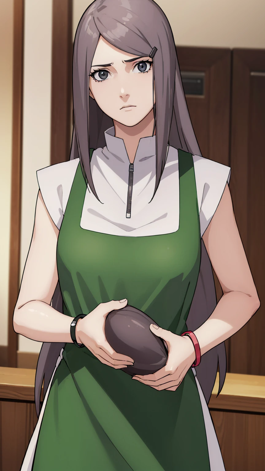 Kushina, Kushina, Long Hair, hair ornaments, Redhead, Hair Clip, (Grey Eyes:1.5),
break shirt, dress, jewelry, White shirt, Short sleeve, apron, bracelet, green apron, collar,
break looking at viewer, Upper Body, whole body, Cowboy Shot,
break indoors,
break (masterpiece:1.2), Highest quality, High resolution, unity 8k wallpaper, (figure:0.8), (Beautiful attention to detail:1.6), Highly detailed face, Perfect lighting, Highly detailed CG, (Perfect hands, Perfect Anatomy),