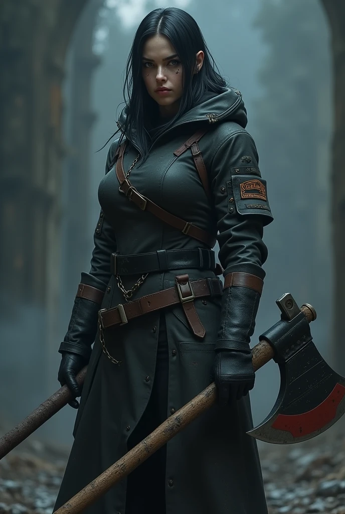 female valorant agent droopy eyes with eyebag, dark blue color scheme, holding big axe, 