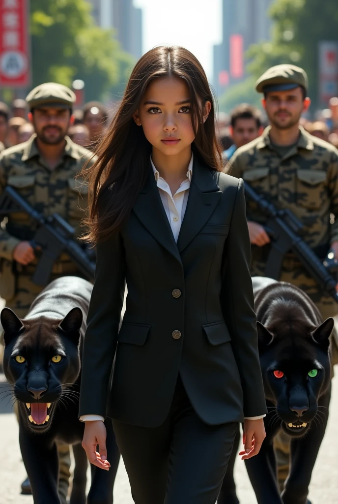 A realistic Little 12 year old girl with high security walking in black suit with 2 gunman cammondo and 3 black panther 1 is red eyed and 2 green eyed , walking in beautiful city , public standing on street talking picture and selfies of them