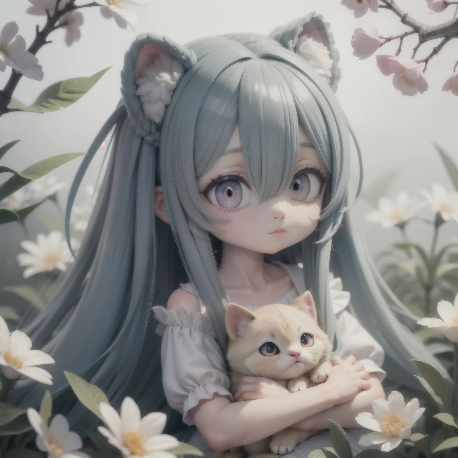 cute, cute, Very long hair, pastel colour, soft ((Shiny eyes)), Shine, Flowers, animal,