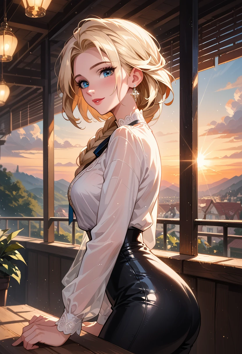 score_9, score_8_up, score_7_up, score_6_up, cinematic film still, 1girl, mature elsa (blonde hair, braid:1.1), tight_black_leather_pants, white_blouse, in a beautiful restaurant, on the balcony, (cinematic lighting:1.2),, (sunset:1.2), shallow depth of field, vignette, highly detailed, high budget, bokeh, cinemascope, moody, epic, gorgeous, film grain, grainy, CONCEPT_PovDating_ownwaifu, pov dating, pov across table.