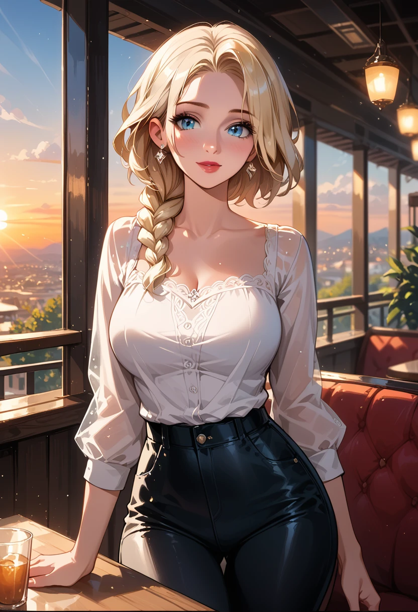 score_9, score_8_up, score_7_up, score_6_up, cinematic film still, 1girl, mature elsa (blonde hair, braid:1.1), tight_black_leather_pants, white_blouse, in a beautiful restaurant, on the balcony, (cinematic lighting:1.2),, (sunset:1.2), shallow depth of field, vignette, highly detailed, high budget, bokeh, cinemascope, moody, epic, gorgeous, film grain, grainy, CONCEPT_PovDating_ownwaifu, pov dating, pov across table.